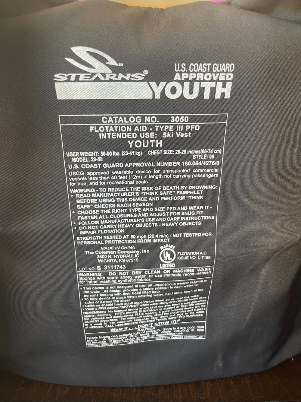 Youth Life Jacket with Black Straps
